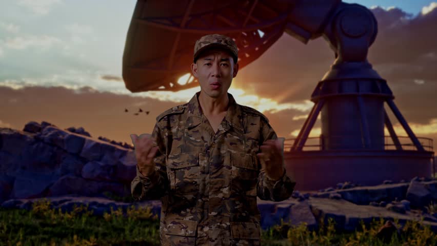 Wondering Asian Man Soldier Saying Why And Standing Doubtfully With Satellite Dish