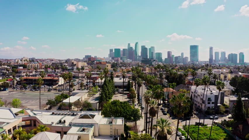 Aerial view of urban Downtown Los Angeles skyscrapers and the area surrounding 