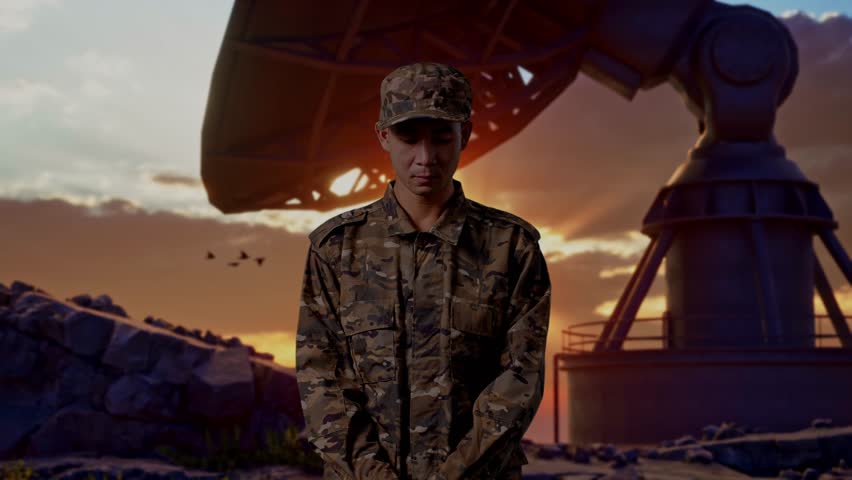Asian Man Army Soldier Uniform Praying With Satellite Dish