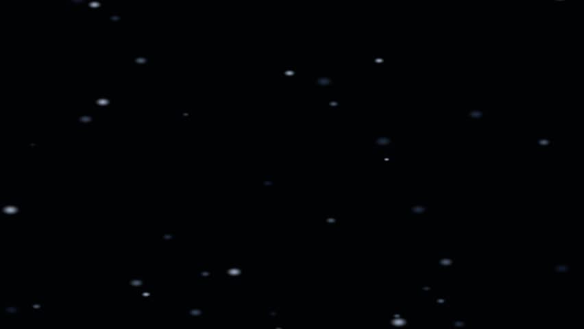 Dark night scene showing small glowing dots drifting downward across a black background creating a serene celestial atmosphere