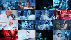 Technology, space exploration and medical concept. Scientists, astronauts, lab equipment and microscopes in biomedical innovations and clinical studies. Ideal for educational content. - Powered by Shutterstock - Get 15% off with code: PIKWIZARD15