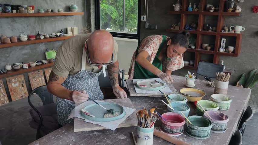 A happy couple makes ceramic plates in a workshop