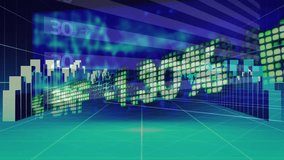 Animation of financial data over blue and green digital screen. Finance, economy, business, data processing and technology concept digitally generated video. - Powered by Shutterstock - Get 15% off with code: PIKWIZARD15