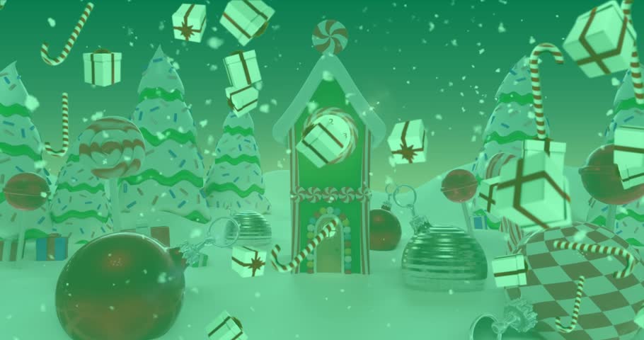 Animation of confetti, gifts and candy cane icons falling against winter landscape. Hristmas festivity and celebration concept