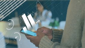 Animation of financial data processing over african american woman using smartphone. Global finance, business, connections, computing and data processing concept digitally generated video. - Powered by Shutterstock - Get 15% off with code: PIKWIZARD15