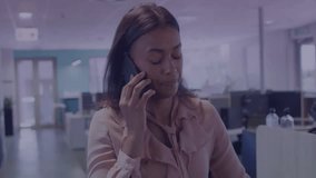 Office specialist speaking on smartphone in office monitoring encrypted data and green progress bar. Technology, communication, cybersecurity, innovation, digital, workspace, professional - Powered by Shutterstock - Get 15% off with code: PIKWIZARD15