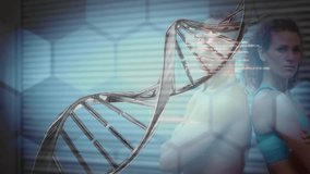 Animation of dna strand spinning over data processing and exercising strongman. global connections, well being, fitness and healthy lifestyle concept digitally generated video. - Powered by Shutterstock - Get 15% off with code: PIKWIZARD15