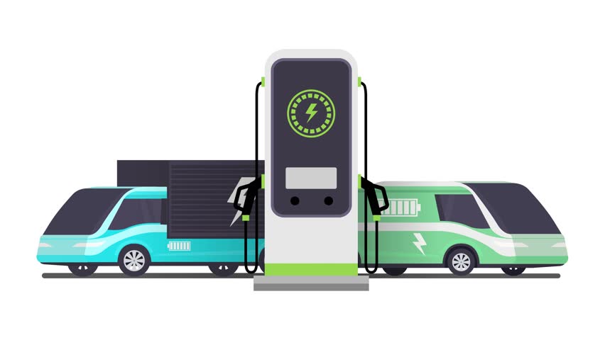 Flat vector animation graphic of two electric commercial vehicles (delivery truck and van) plugged into a modern fast charging station. Concept of green logistics, future mobility, and sustainable tra