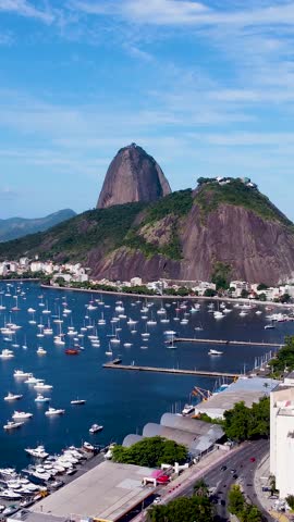 Panoramic aerial view of Sugarloaf Mountain at Guanabara Bay in Rio de Janeiro Brazil. International travel landmark. Vacation destination