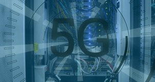Animation of 5g text, bar graph and circles with abstract pattern over storage system in server room. Digital composite, multiple exposure, communication, networking, technology and network server. - Powered by Shutterstock - Get 15% off with code: PIKWIZARD15
