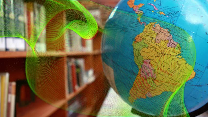 Globe glowing while digital mesh ribbon weaving across wooden bookshelf backdrop in 3D illustration. Geography, innovation, technology, educational, exploration, modern, spatial