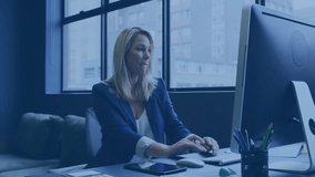 Business manager starting typing at desk and activating animated network visuals for data analysis. Technology, digital, connectivity, innovation, corporate, futuristic, data - Powered by Shutterstock - Get 15% off with code: PIKWIZARD15