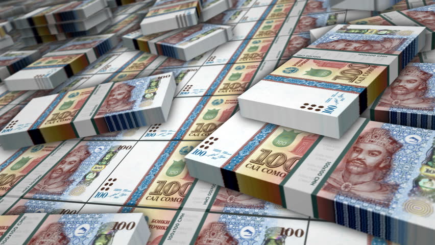 Tajikistan somoni Tajikistani money banknote bundle loop. 100 TJS money stacks. Concept of business, economy, banking and finance. Camera over cash packs loopable seamless 3d.