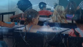 Animation of network of connections over diverse schoolchildren learning in classroom. global education, connections and digital interface concept digitally generated video. - Powered by Shutterstock - Get 15% off with code: PIKWIZARD15