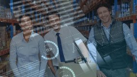 Animation of data processing over diverse male and female supervisors smiling at warehouse. Logistics business and technology concept - Powered by Shutterstock - Get 15% off with code: PIKWIZARD15