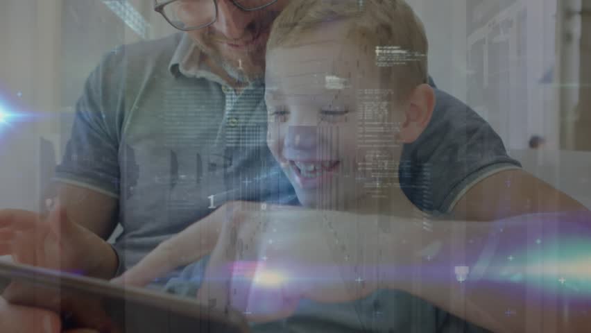 Animation of data processing over father with son reading. Global education, business, finance, computing and data processing concept digitally generated video.