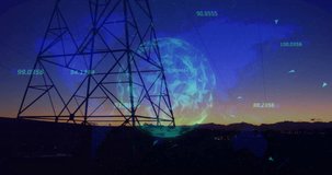 Horizon dimming, holo globe lighting, drawing arcs, numbers and markers moving, showing energy flow. Tower, pylon, silhouette, twilight, grid, holographic, digital - Powered by Shutterstock - Get 15% off with code: PIKWIZARD15