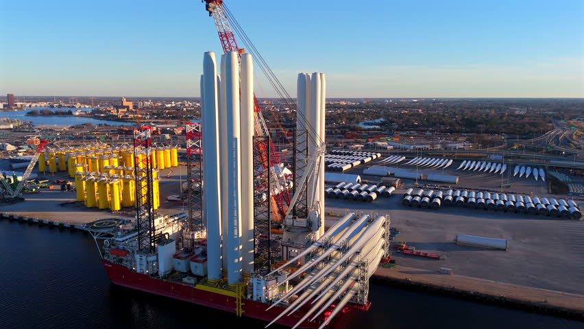 Wind turbine blades stacked at offshore port with jack-up vessel