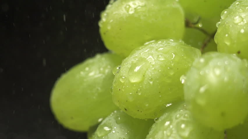 bunch of green grapes on a black background with water drops
