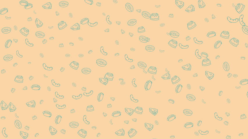 Food doodle background with small cartoon drawings on orangebeige surface. Suitable for food blogs, menus, recipe cards, and social media posts.