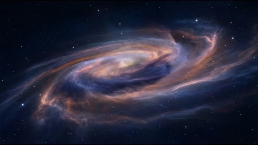 Spiral galaxy rotates gently with pale gold blue and violet gas arms around a glowing core among distant stars creating calm cinematic depth and seamless looping motion