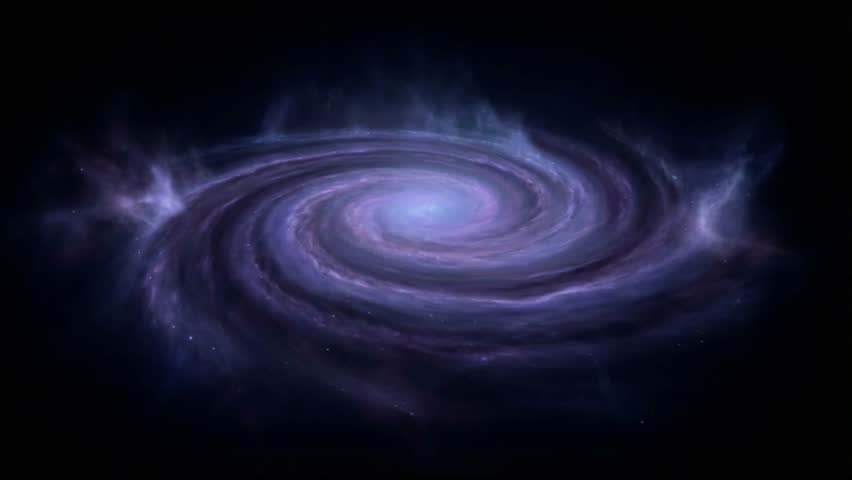 Spiral galaxy swirls slowly with violet indigo and pale blue gas arms around an icy blue core creating calm cinematic depth and seamless looping cosmic motion