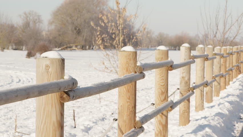 Snowy Trail With Shadows. Winter Landscape With Distant Fence. Long Fence Vanishing Into Snowy Horizon On Bright Day. Extended Fence Stretching Through Snow With Tall Shadows Under Clear Winter Sky