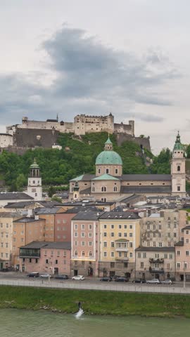 Salzburg Austria time lapse day to night city skyline at Fortress Hohensalzburg (Vertical)