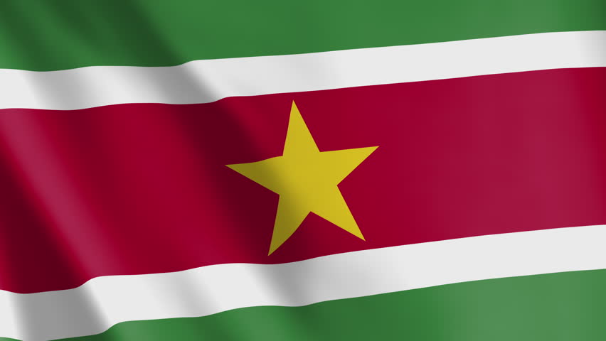 Flag of Suriname animated background. Symbol of the Surinamese nation and the culture. Waving flag in the wind footage. State ensign of the country in South America.