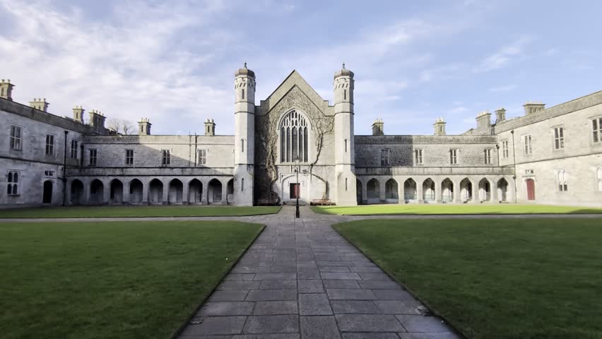 The University of Galway, quadrangle at sunset in Ireland, amazing architecture and landmark, medieval building