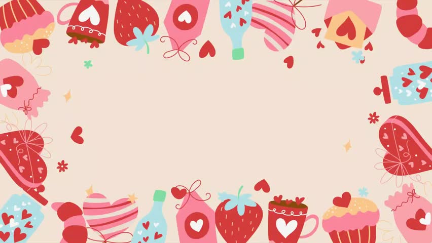 A delightful and whimsical background features a decorative border of various love and celebration-themed elements. The central area, bathed in a soft, light beige hue, offers ample space for text or additional content. Surrounding this space, a charming assortment of illustrations includes vibrant red strawberries, sweet pink cupcakes topped with hearts, cozy mugs overflowing with love, elegant heart-shaped cookies or candies, and enchanting bottles filled with tiny hearts. These elements are rendered in a charming cartoon style, primarily in shades of pink, red, and light blue, with touches of yellow and green. Small scattered hearts and whimsical stars further enhance the festive and romantic atmosphere, making it perfect for Valentine