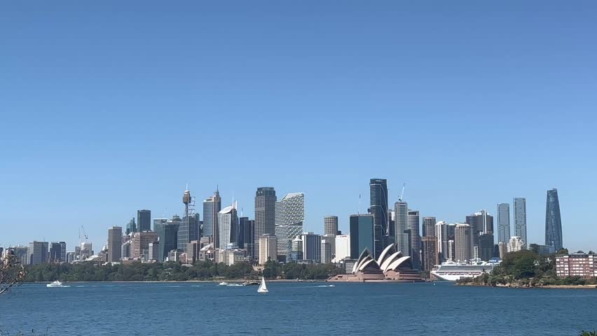 Landscape view of Sydney downtown skyline and Sydney Harbour Bridge in New South Wales Australia. 