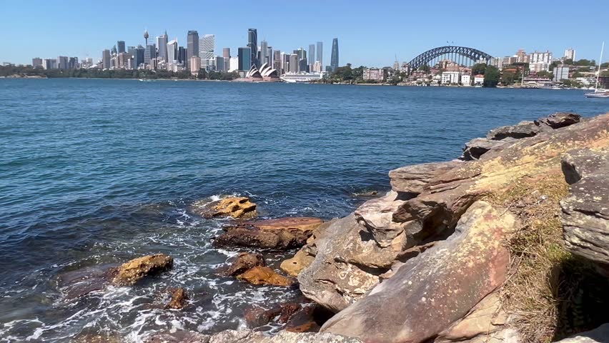 Landscape view of Sydney downtown skyline and Sydney Harbour Bridge in New South Wales Australia. 