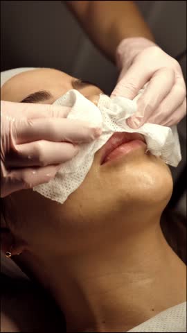 Professional esthetician in gloves cleansing woman skin with cotton pads. Beauty treatment for facial rejuvenation, close-up shot, skincare concept.
