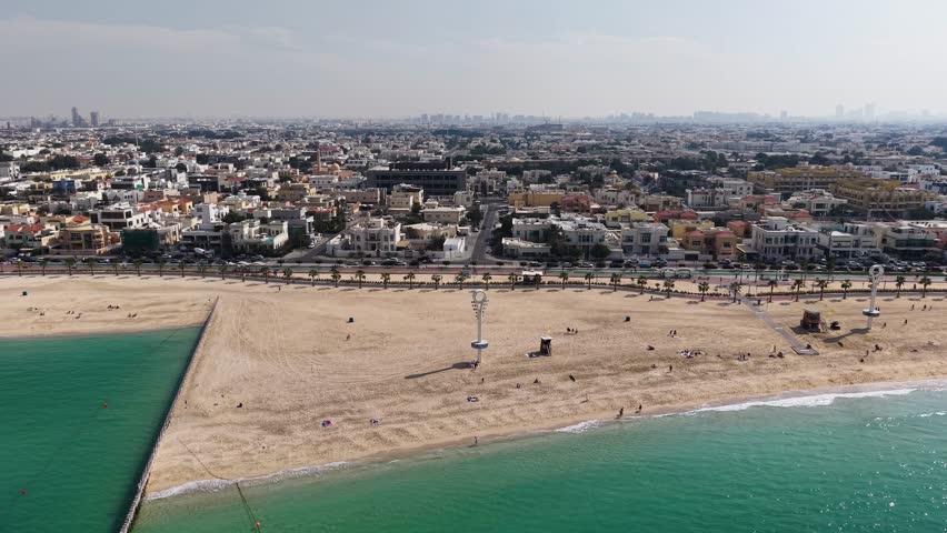 Aerial view of Dubai beachfront and cityscape, United Arab Emirates