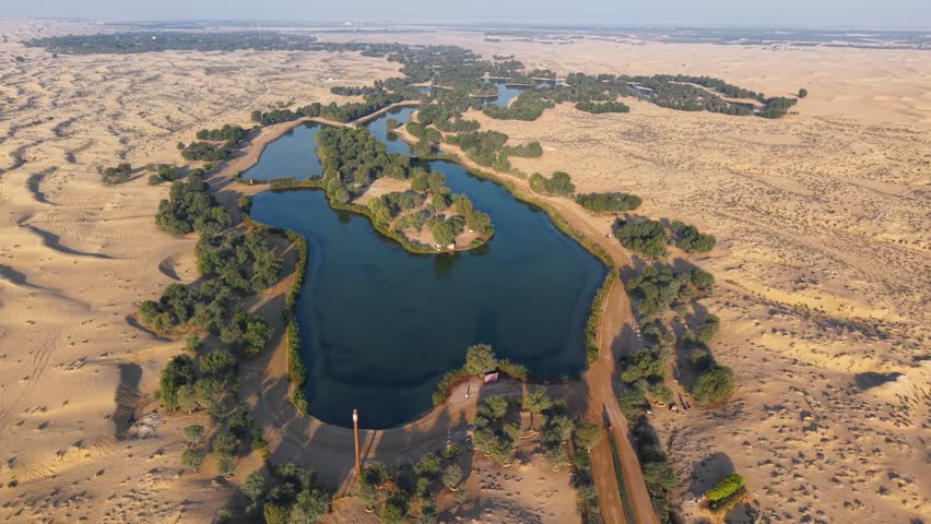 Drone shot of Al Qudra Lakes in Dubai, United Arab Emirates
