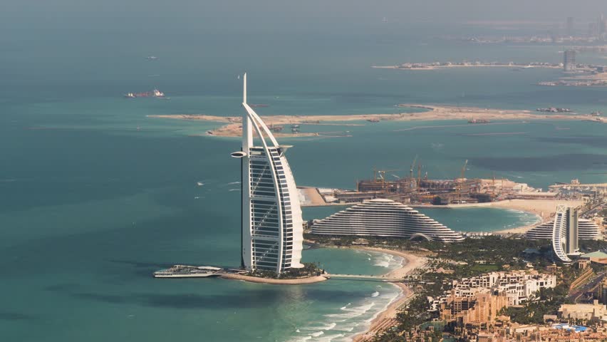 Aerial view of Burj Al Arab, 7 star hotel in Dubai, United Arab Emirates