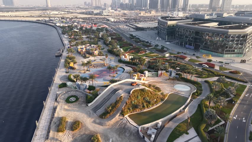 Aerial view of D3 Park in Dubai Design District, Dubai, United Arab Emirates