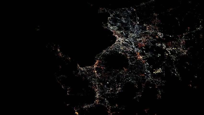 Night satellite fly over of Naples and the Gulf of Naples with Mount Vesuvius and Sorrento coastline animation based on Nasa imagery