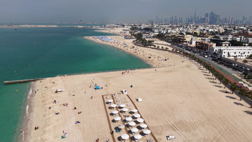 Aerial footage of Jumeirah Beach in Dubai, United Arab Emirates