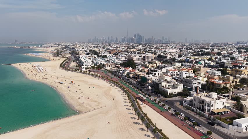 Drone view of Jumeirah Beach in Dubai, United Arab Emirates