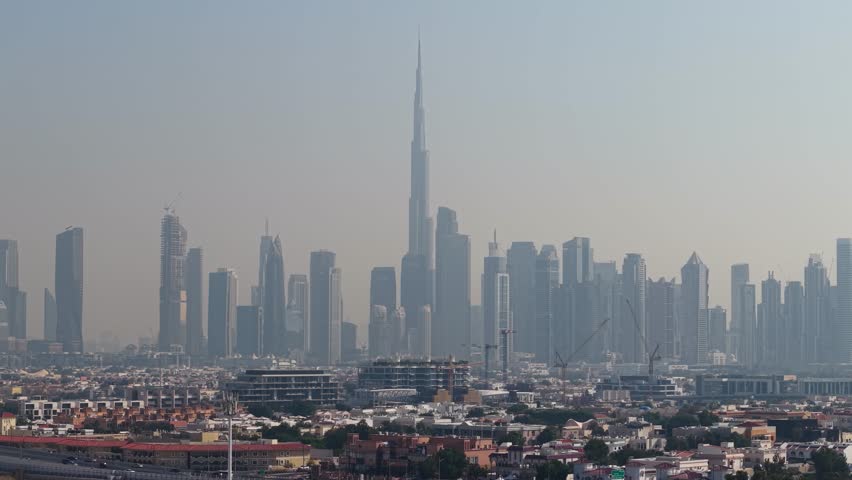 Aerial view of Dubai skyline dominated by Burj Khalifa, UAE