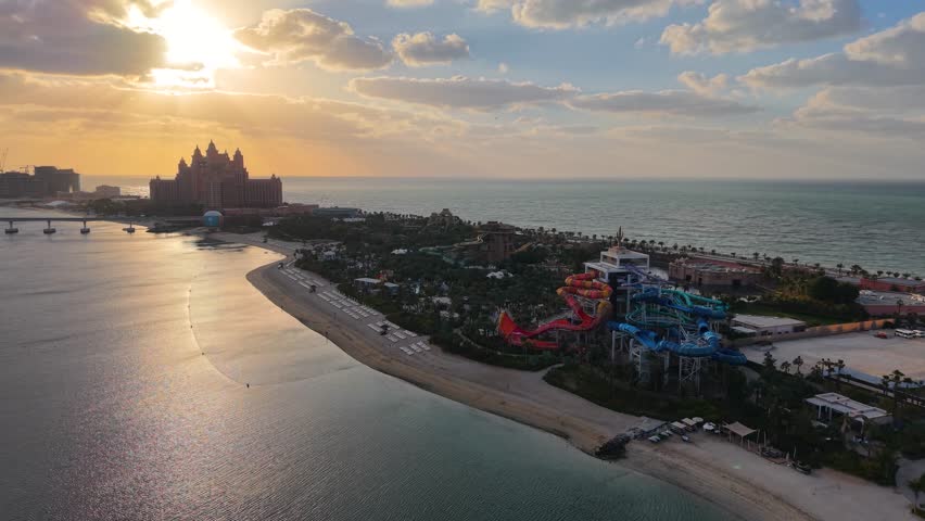 Drone shot of Palm Jumeirah outer crescent in Dubai, United Arab Emirates