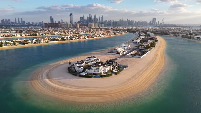 Wide aerial view of Palm Jumeirah residential fronds, Dubai, UAE