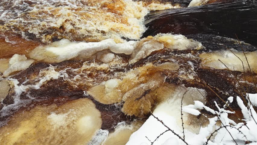 a river in a snowy forest, water surface in the snow in the forest, peace and quiet, reflection on the water, without people