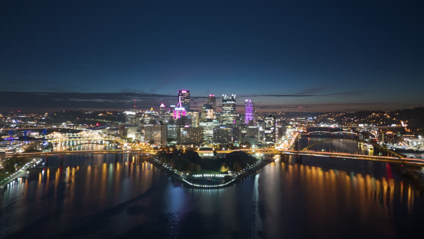 Pittsburgh, Pennsylvania, USA skyline over the three rivers at blue hour.