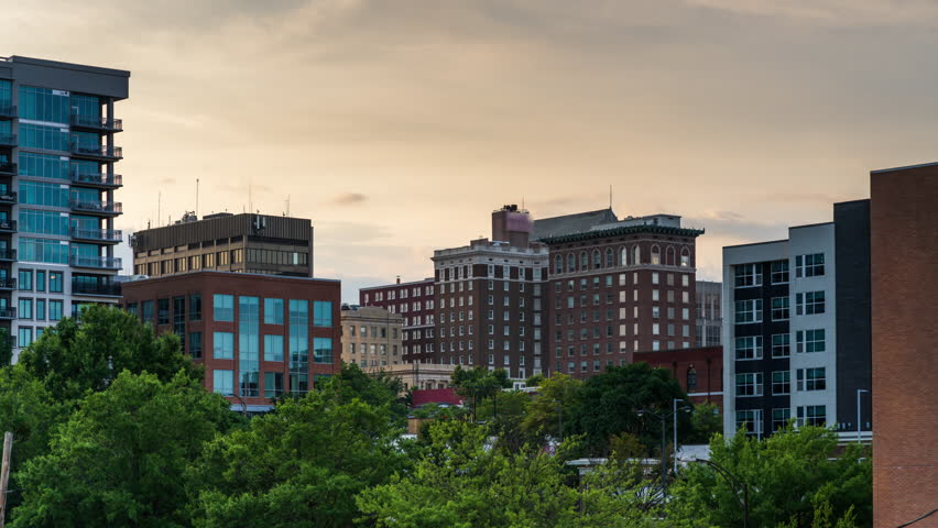 Greenville, South Carolina, USA downtown city skyline at dusk.