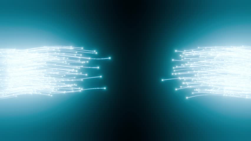 A 3DCG animation of countless light blue threads being pulled and connected from both sides. Stylish 4K video footage