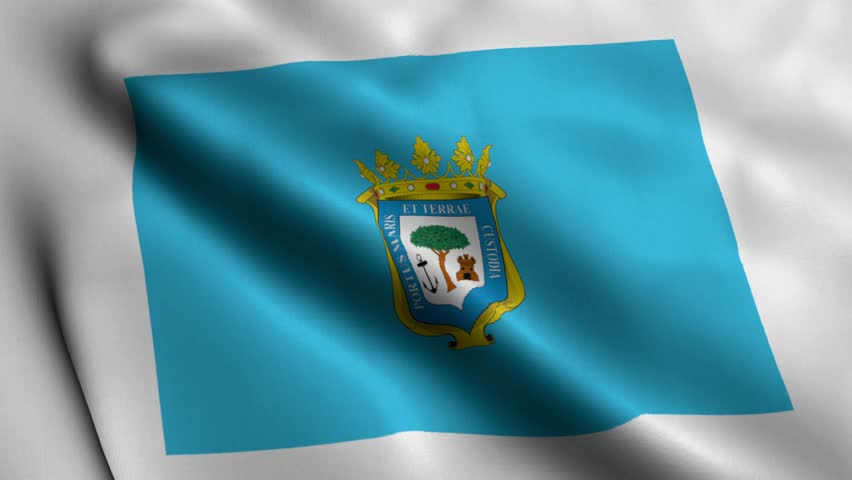Waving Flag of Huelva City in Spain Blue and White Design with the Official Coat of Arms Fluttering in the Wind, Detailed 4K Footage for Cultural, Historical, Travel and Documentary Projects