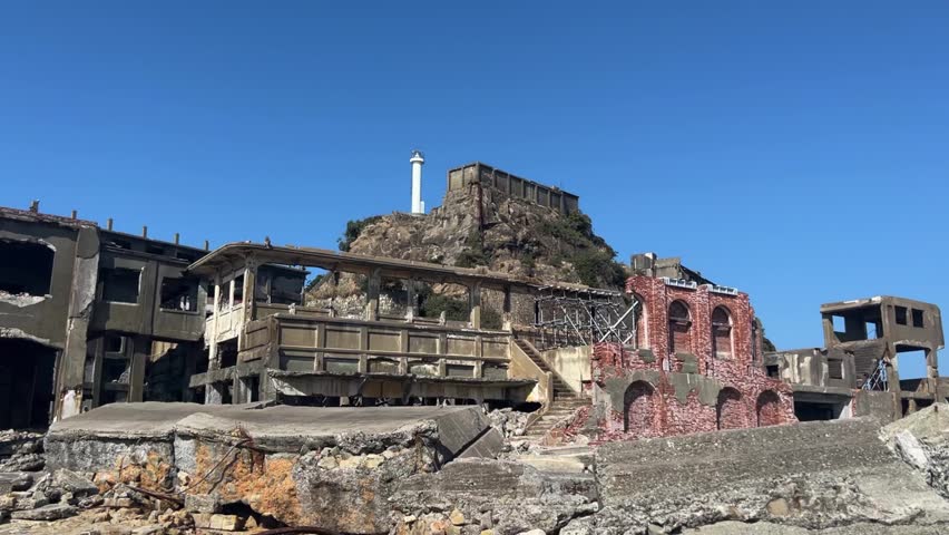 Decaying Buildings Landscape on Abandoned Hashima Island Nagasaki Japan